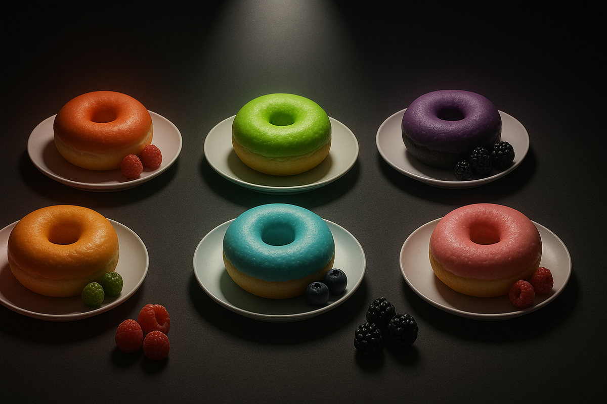 Six vividly colored donuts on plates with scattered berries—flavor lineup at a glance, mouthwatering temptation, confident “pick the perfect power” excitement