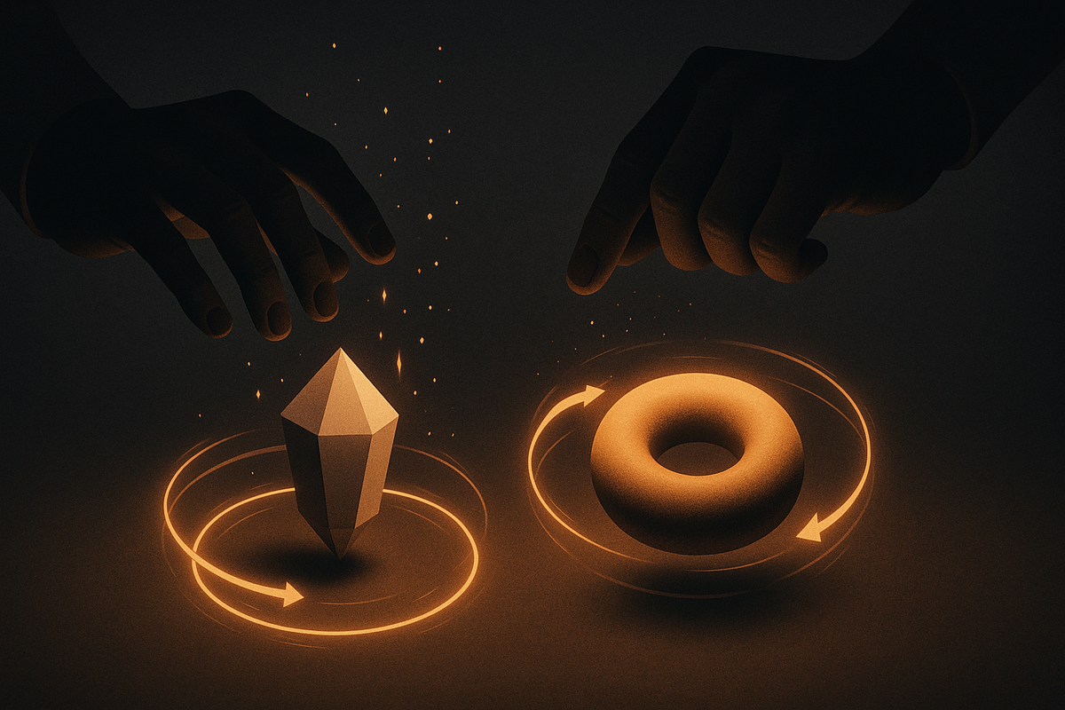 Hands hovering over a crystal and a donut with circular reroll arrows and sparks—reset-and-chase ritual, tense patience, jackpot hope for the perfect roll