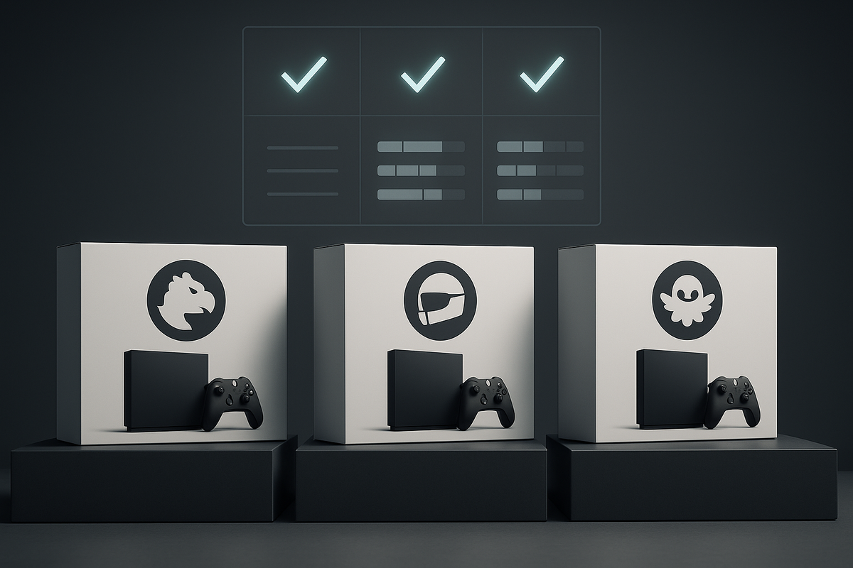 Three next-gen console bundle boxes on pedestals with a floating comparison grid—clean checkmarks, decisive choice energy, calm confidence replacing panic