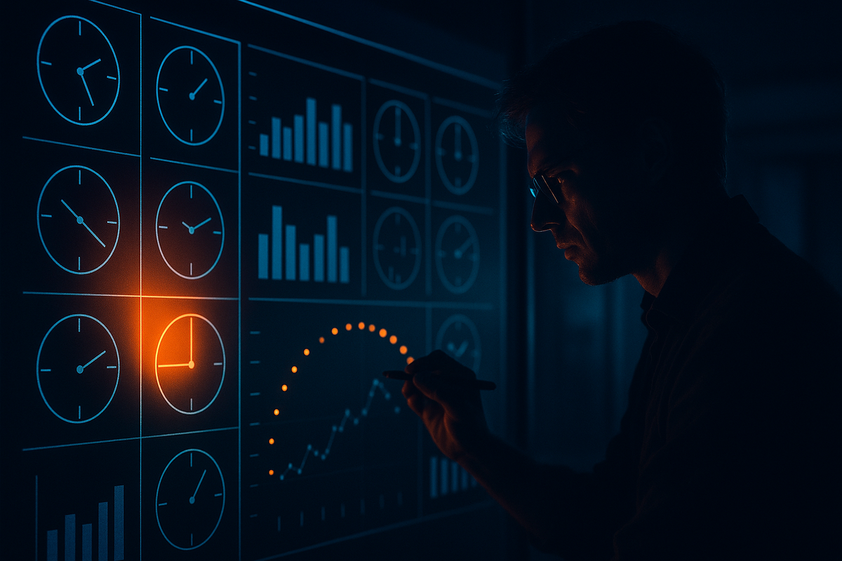 Laser-focused timing detective—silhouette analyst studying a wall of clocks and charts, one window glowing hot, suspenseful precision and breakthrough clarity