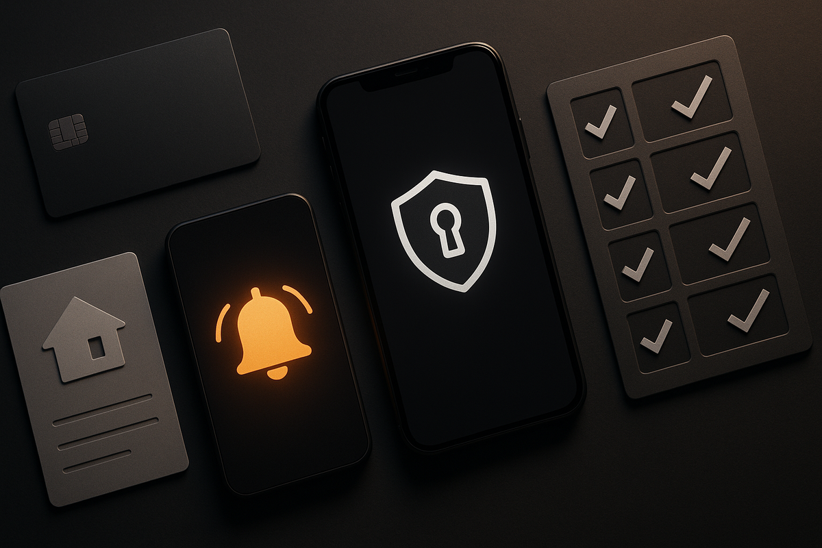 Pre-buy battle kit laid out—secure lock on a phone, alert bell, payment card, address slip, and crisp checklist tiles, grounded readiness and controlled urgency