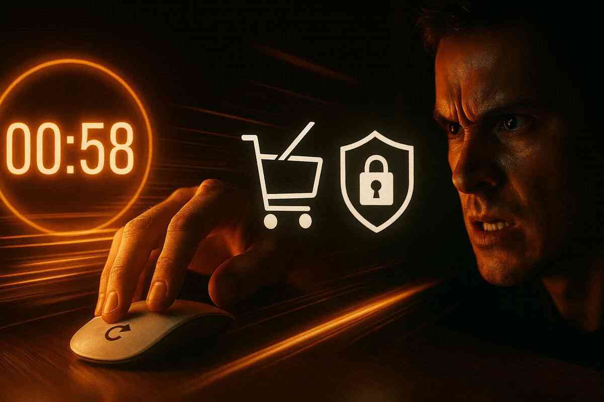 60-second checkout sprint—00:58 countdown glowing as a tense hand clicks, cart and security shield icons flash, fierce concentration and heart-racing pressure