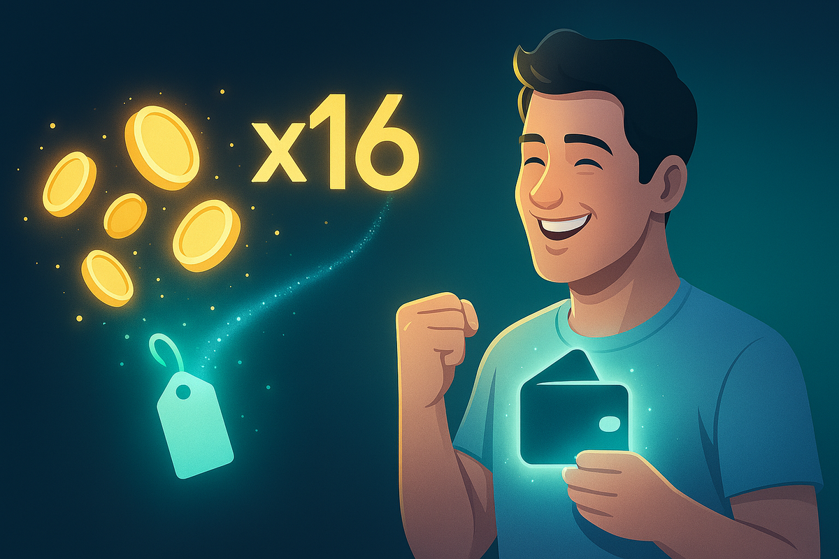 Points-multiplier victory—smiling shopper holding a glowing wallet as coins swirl toward a ×16 boost and price tag, bright relief, celebratory savings rush