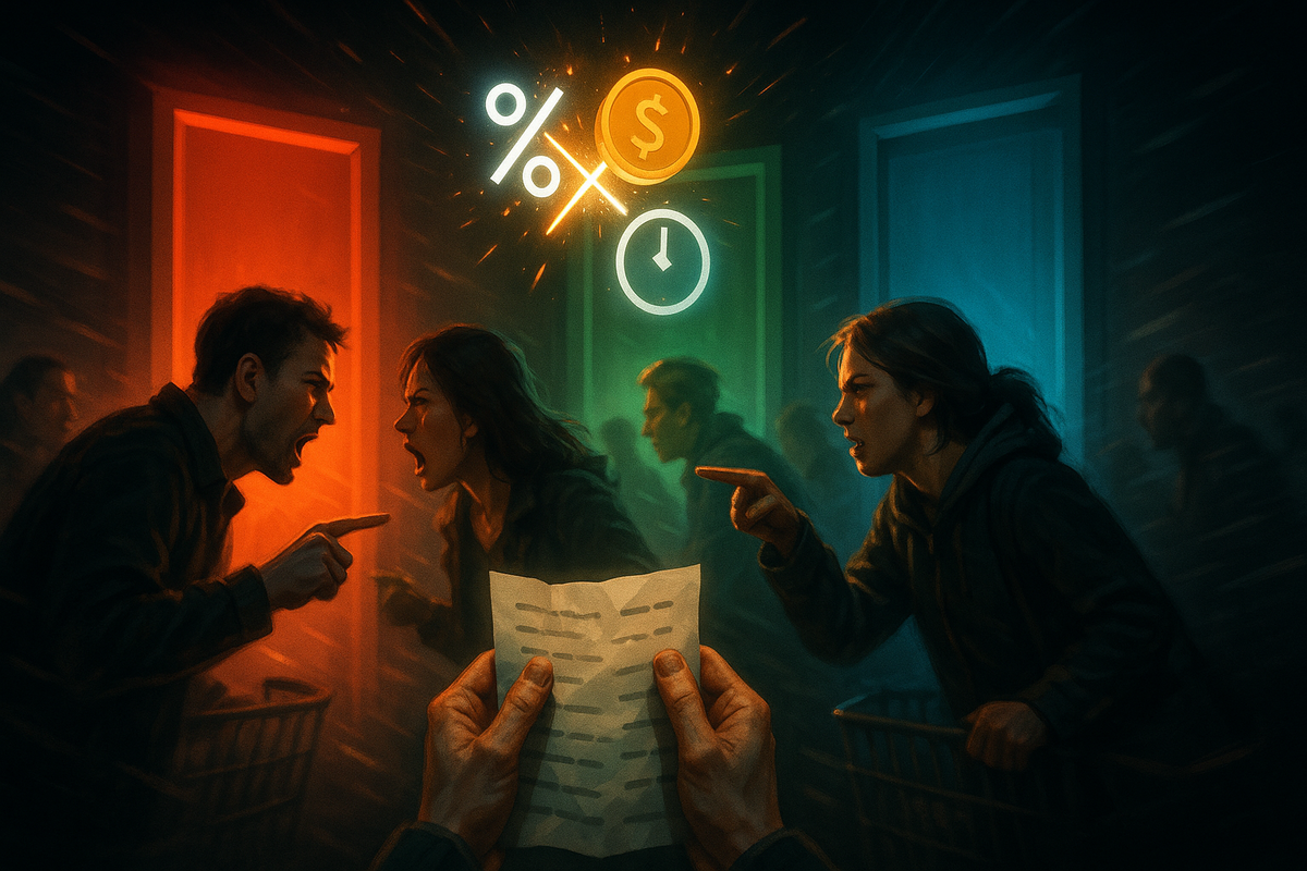 Heated price battle—angry shoppers arguing under split red and blue lights with discount, percent, and clock icons, emotional conflict over which deal is truly cheaper
