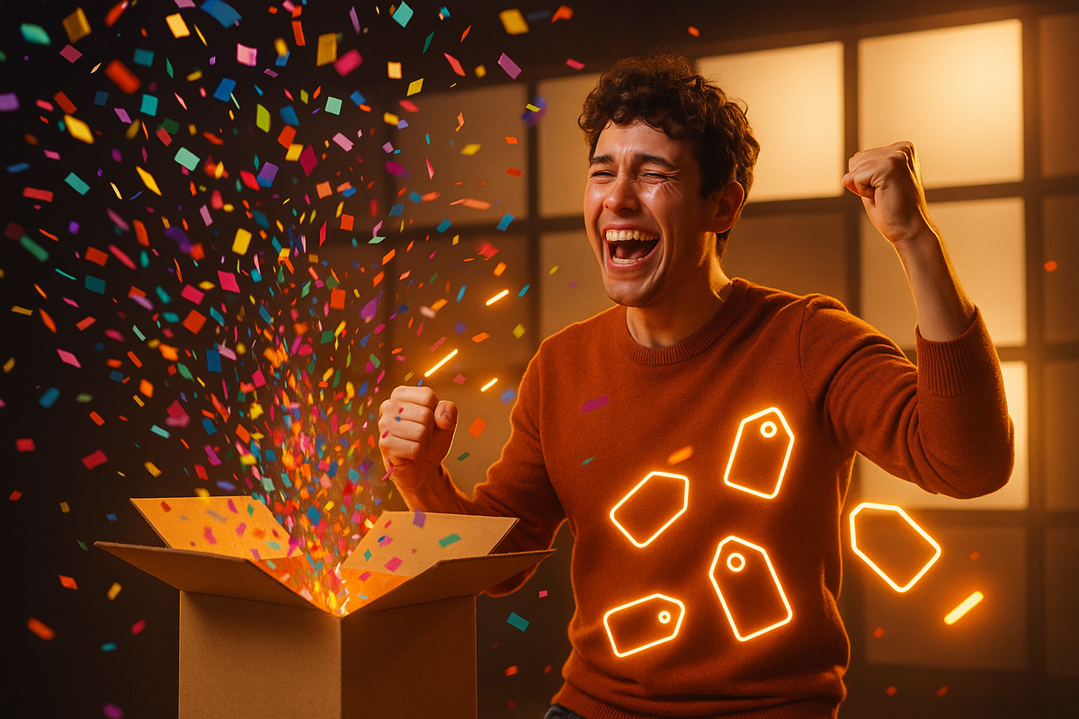 Explosive unboxing joy—confetti bursting from a cardboard box as a shopper cheers with clenched fists, raw excitement and surprise from scoring a huge bargain