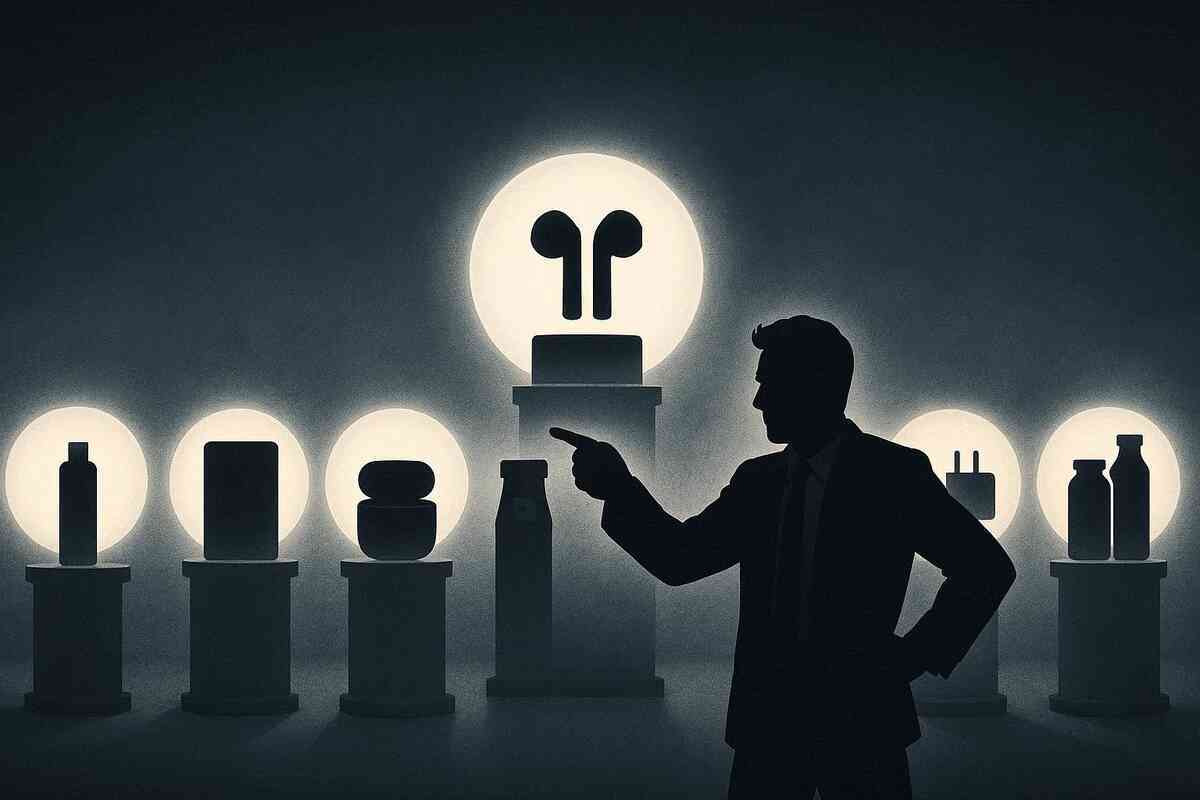 Decisive product choice—silhouetted expert pointing at a highlighted item on a pedestal, surrounded by glowing options, calm confidence in picking the best buy