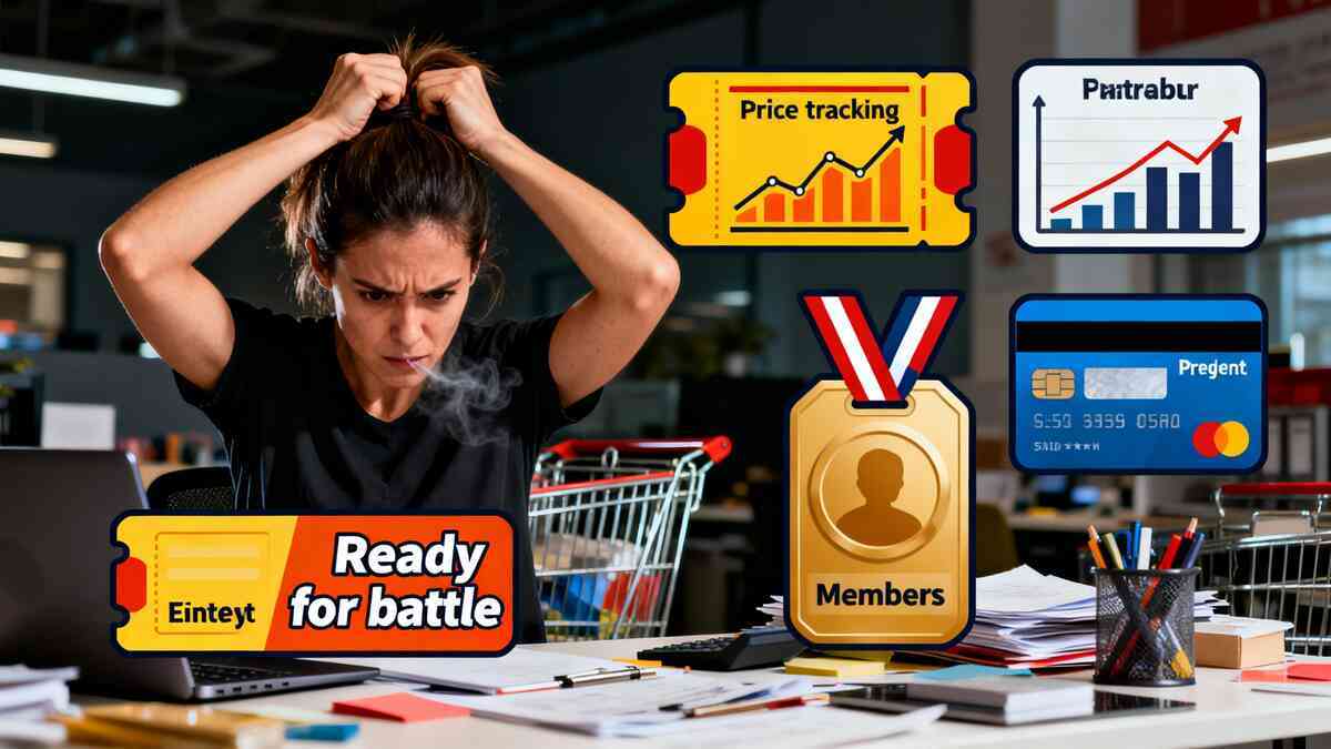 Pre-sale stress mode—frustrated shopper gripping their hair at a cluttered desk with price-tracking charts, membership badge, and credit card icons, anxious readiness before checkout