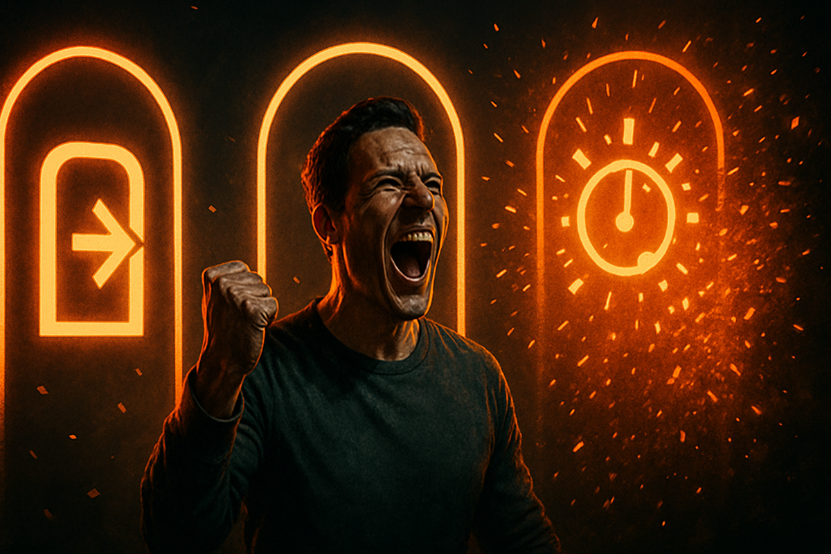 Victory roar at the checkout gate—fist clenched, mouth open in raw triumph, neon doorway icons and a ticking clock exploding with adrenaline and relief