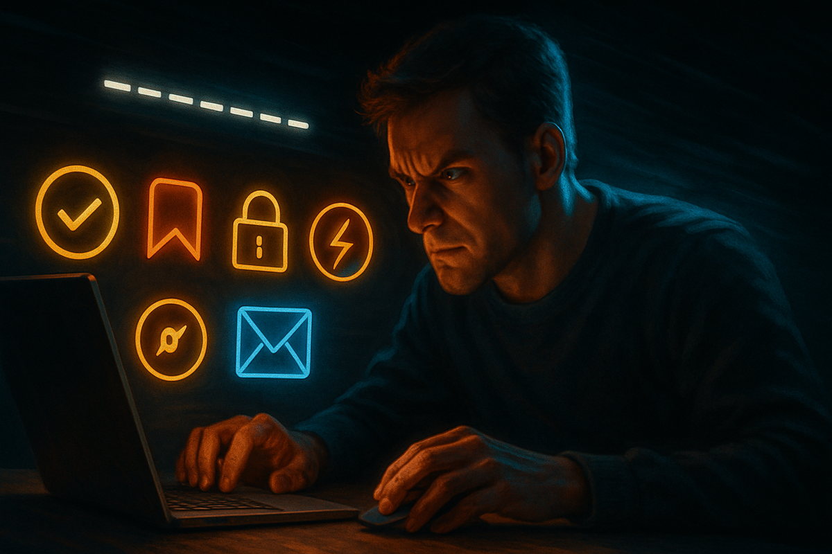 Laser-focused speed-run buying—grim determination at a laptop as glowing checklist icons hover (bookmark, lock, lightning, email), frantic precision before the sellout