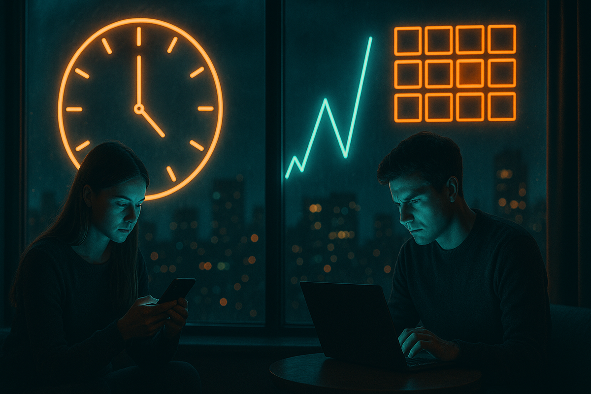 21:00 pressure window—two buyers in silence under a giant neon clock and rising spike graph, cold concentration and anxious anticipation in the night