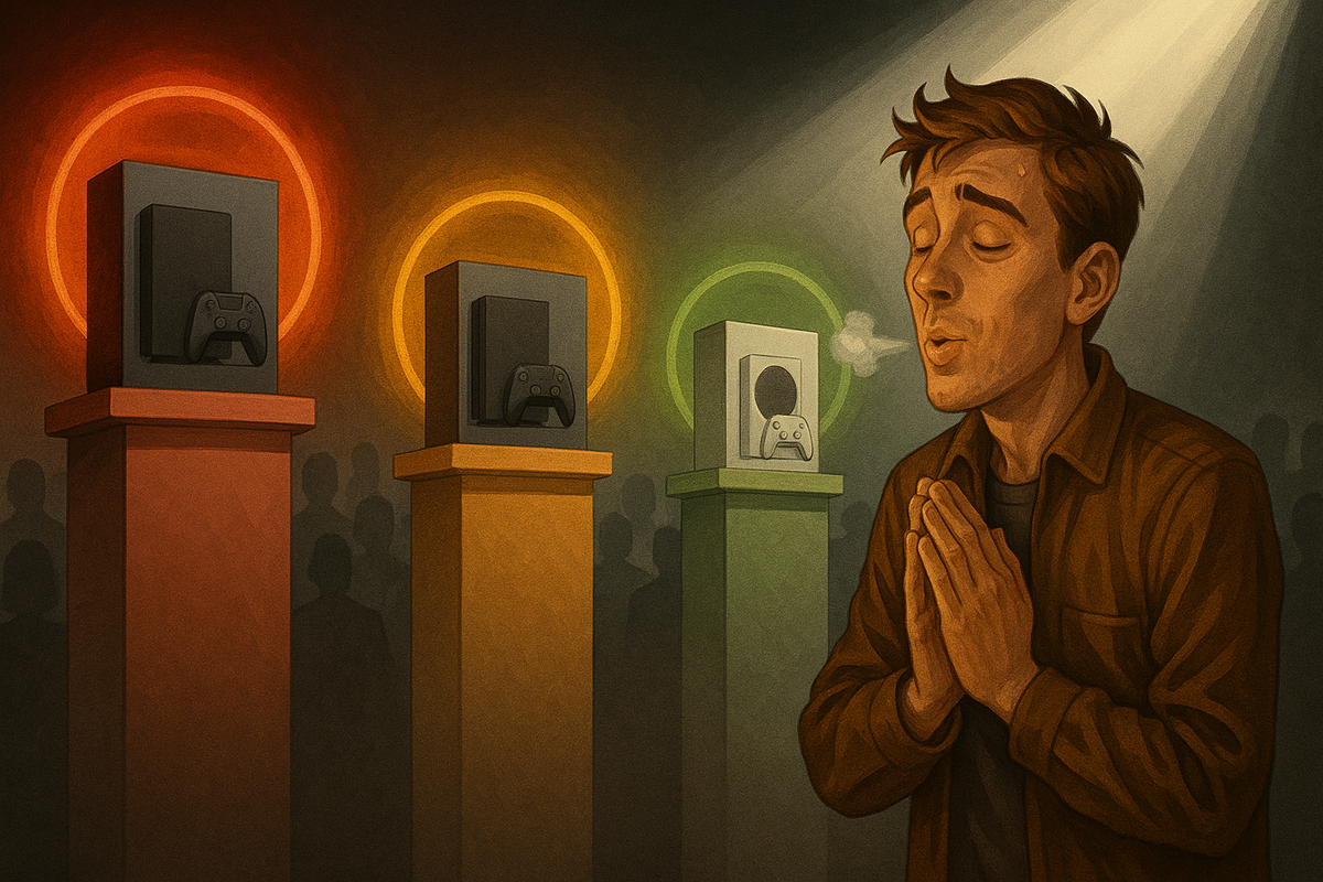 Bundle difficulty showdown—three console bundles on podiums under red-to-green halos as a buyer prays with trembling hands, hope battling fear of missing out