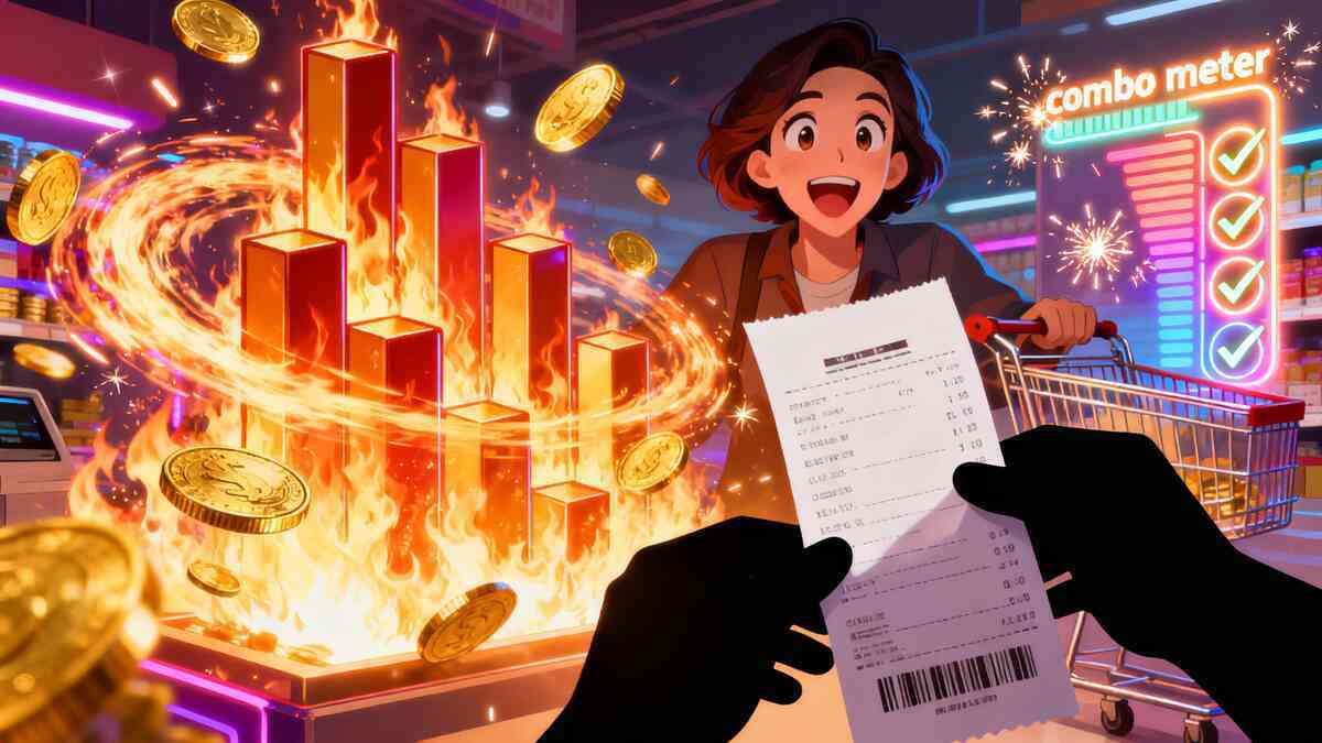Multiplier madness—coins flying and a blazing bar chart erupting beside a joyful shopper holding a receipt, euphoric “I hacked the savings” rush and sparkling momentum