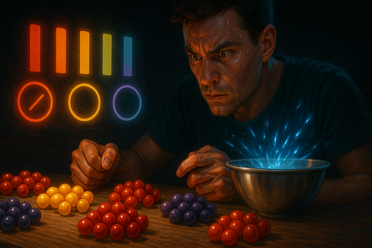 Recipe precision under pressure—sweaty focus over color-coded berries and glowing flavor bars beside a sparkling mixing bowl, tense strategy to craft the perfect donut
