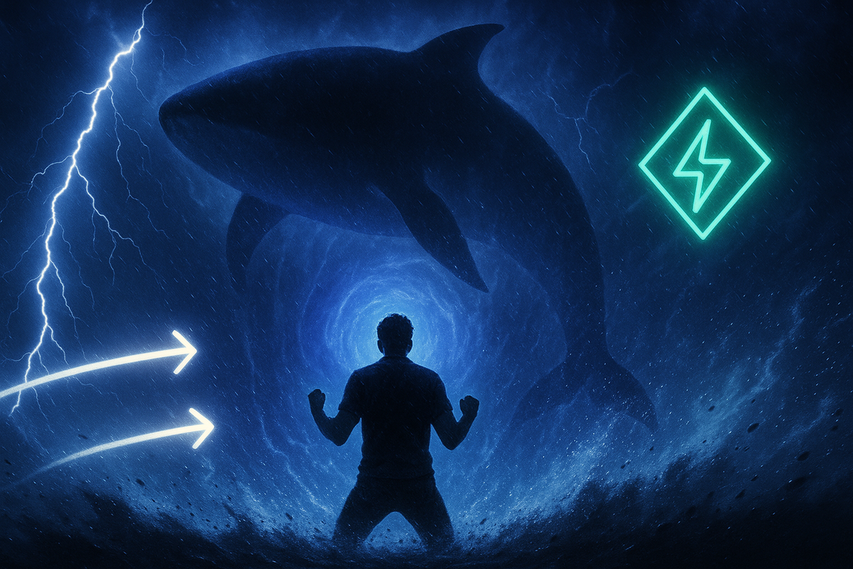 Indigo legend showdown—storm, lightning, and a massive whale-like shadow above a vortex as a player braces to dodge, adrenaline fear and fearless determination colliding