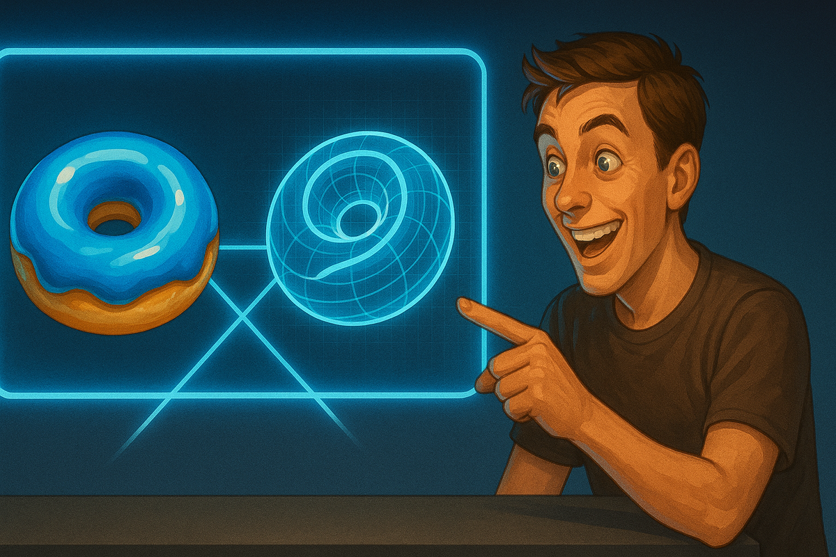 Real vs game comparison thrill—blue glazed donut matched to a neon hologram version, a fan pointing in disbelief with goosebumps and proud “they nailed it” energy