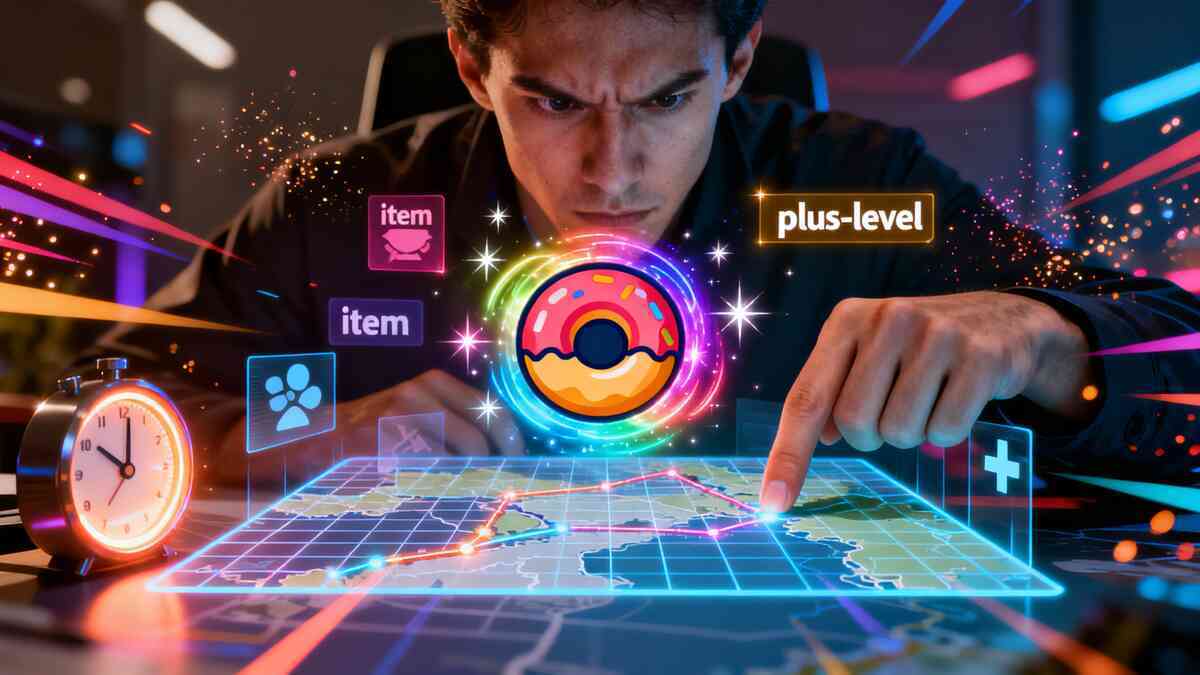 Power-up optimization frenzy—strategist plotting routes on a glowing map with a sparkling donut icon and buff badges, relentless focus to maximize rewards and time