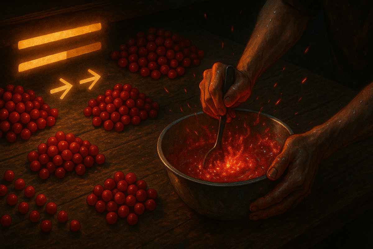 Hands furiously stirring a glowing crimson batter in a metal bowl, surrounded by piles of red berries and urgent arrow cues—intense focus, heat, and no-mistakes recipe pressure