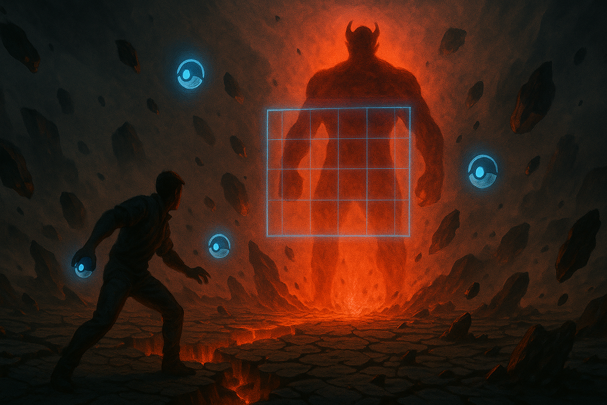 A lone player facing a colossal horned shadow in a fiery crater, holographic grid floating between them—heart-pounding boss encounter, do-or-die courage, capture-attempt dread