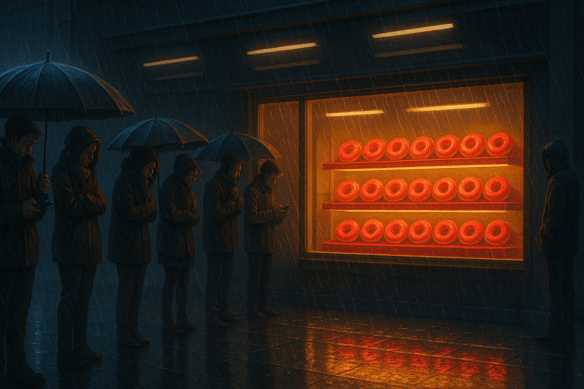 Rain-soaked street queue under umbrellas outside a warm-lit shop window stacked with red donuts—scarcity anxiety, last-chance hunger, cold patience and glowing temptation