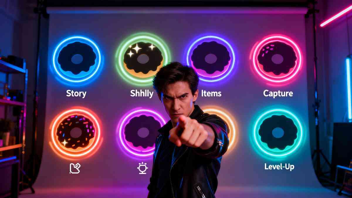 Neon donut power icons and category rings glowing behind a stern player pointing straight at you—high-stakes choice moment, adrenaline, “pick the right boost now” urgency