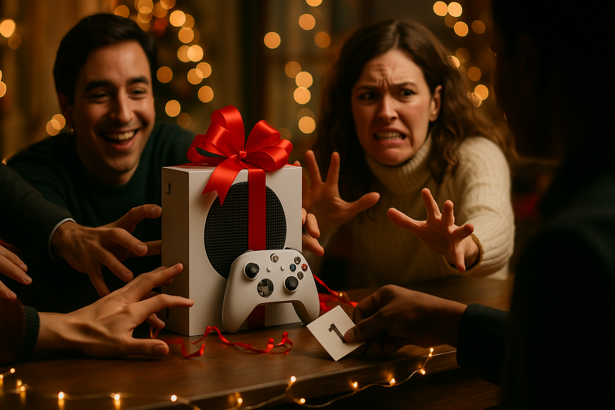 Holiday lights and a gift-wrapped console bundle on the table—hands lunging from every side, one laughing, one panicking, chaotic Christmas Switch 2 scramble with raw emotion