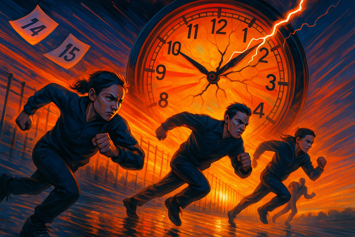 Fierce runners exploding forward beneath a cracked clock and lightning—deadline pressure, weekend-drop sprint, adrenaline and urgency chasing the perfect Switch 2 timing