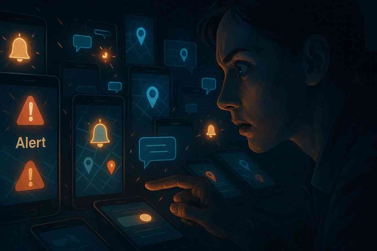 A tense profile lit by dozens of glowing alert bells, map pins, and chat bubbles—real-time stock tracking obsession, anxious vigilance, rapid-fire notifications in the dark