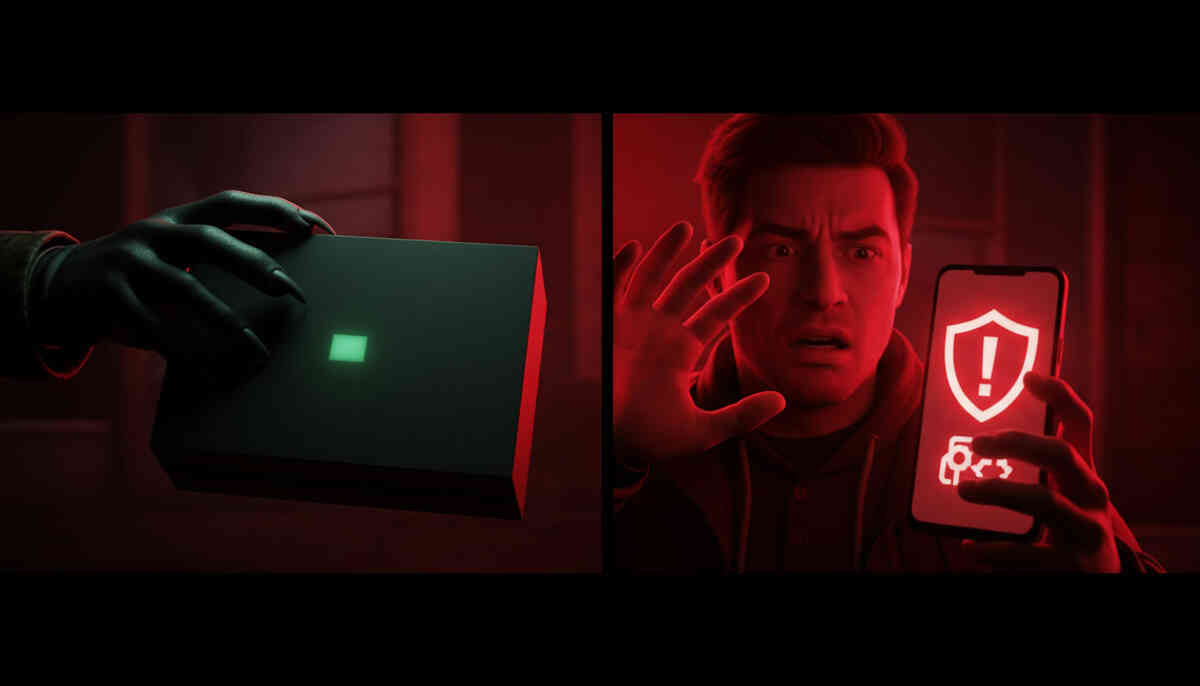 Red split-screen warning: a gloved hand offering a mystery console box while a buyer recoils at a security alert on their phone—scam dread, instant distrust, protect-your-money panic