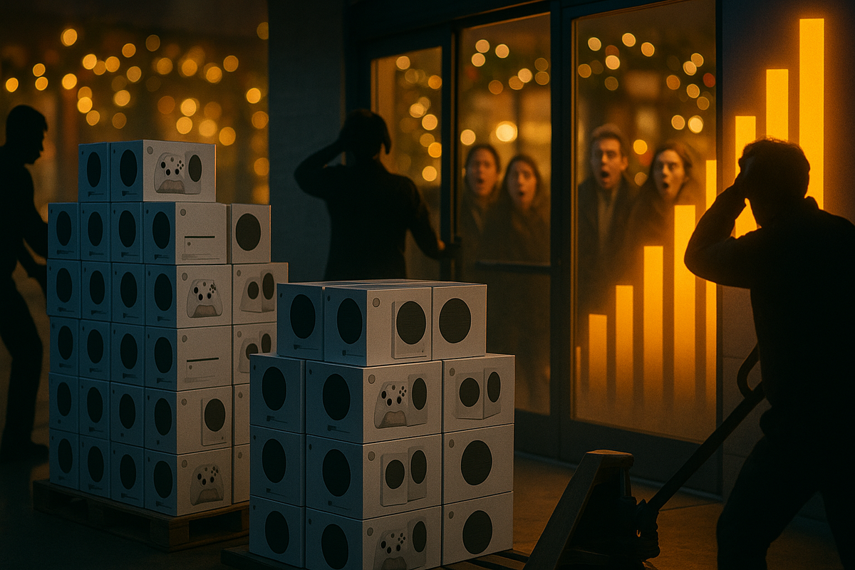 Warehouse lit by golden Christmas lights—workers rushing pallets stacked with console boxes, astonished faces pressed to the glass, sudden stock surge thrill and disbelief