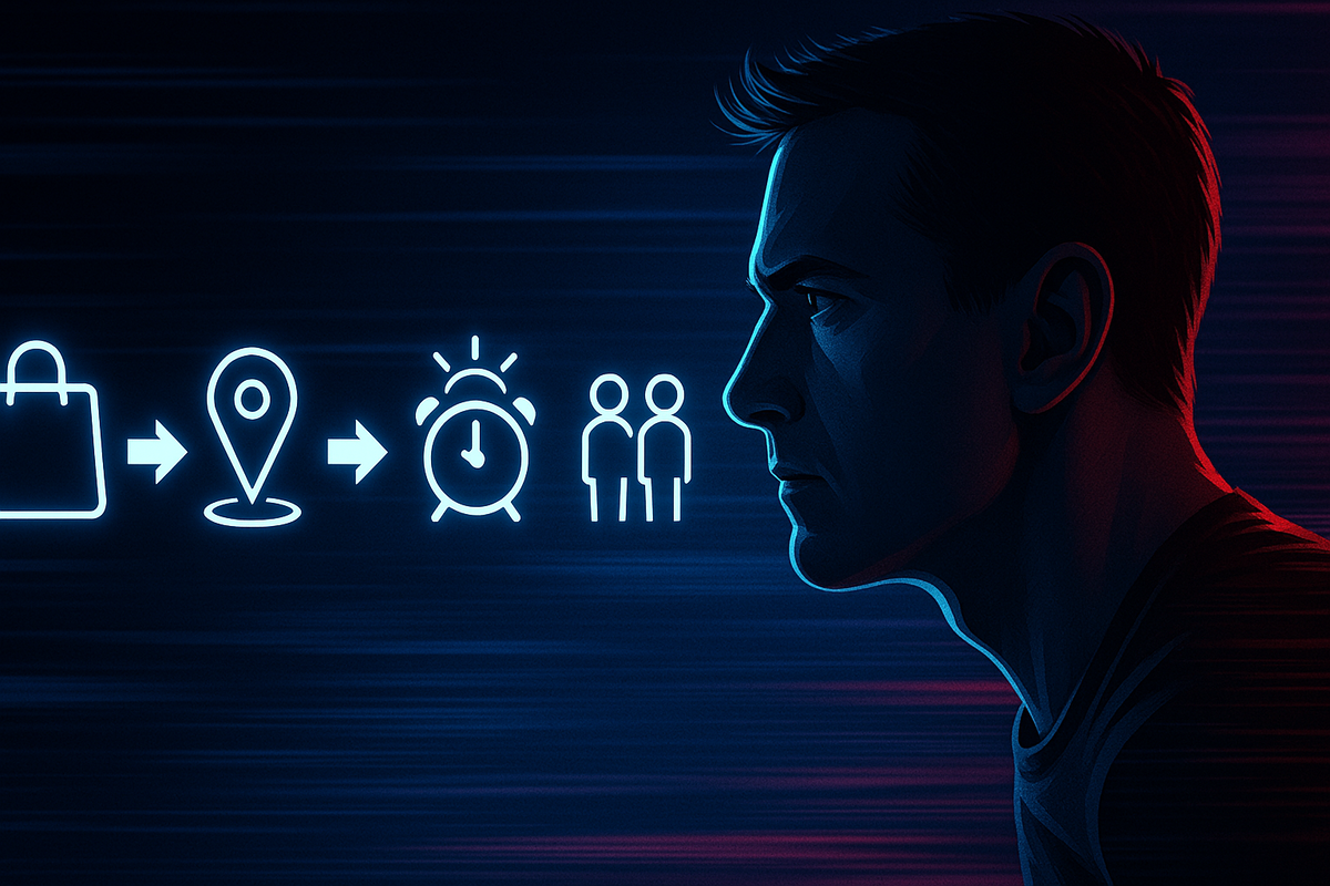 Cyber-blue portrait of focused man facing glowing icons—shopping bag → map pin → alarm clock → people—razor-sharp momentum, determination, step-by-step mastery