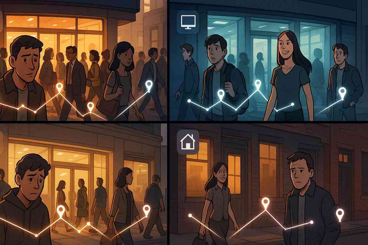 Comic-style split scenes showing fatigue vs success—warm sunset crowds fading to cool evening calm, glowing map pins tracing emotional highs and lows of the Switch2 hunt
