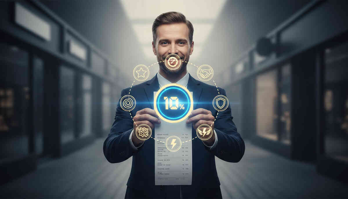 Confident man in suit holding glowing receipt surrounded by golden 10% icons—power, satisfaction, premium vibe of smart savings and victorious purchase moment
