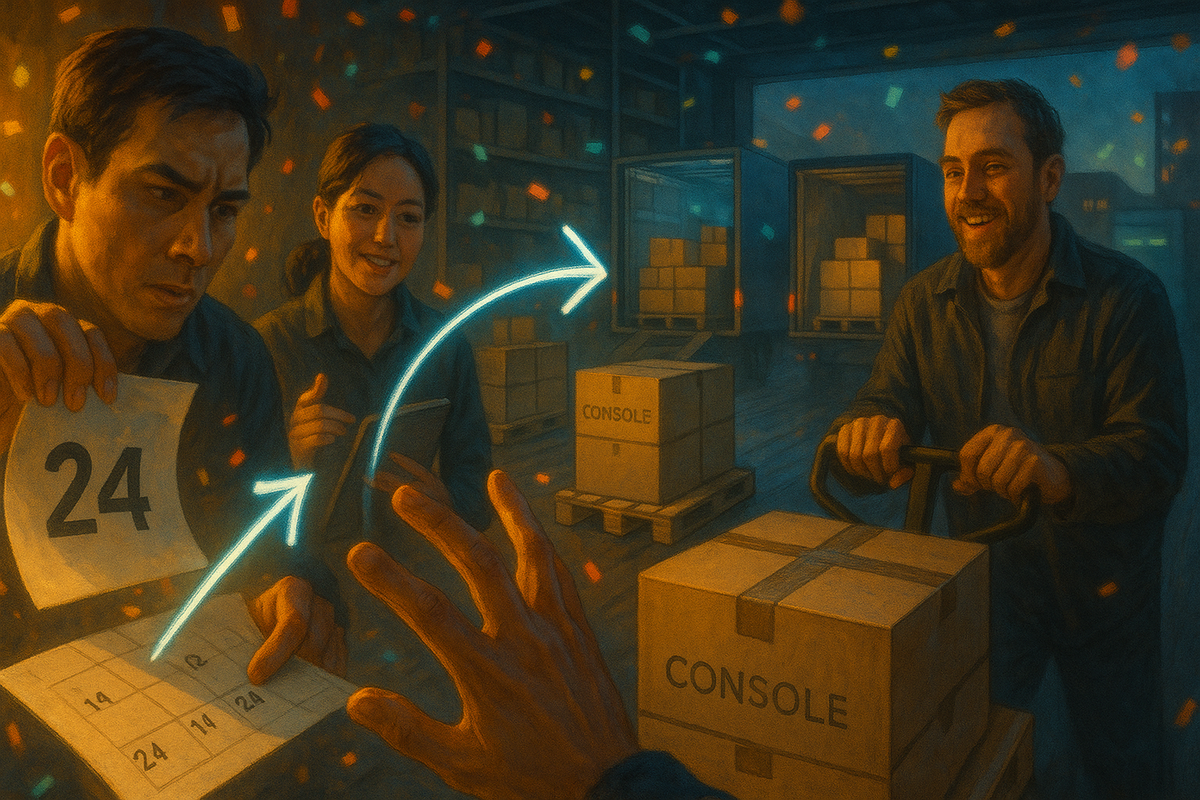 Warehouse victory glow—workers celebrate as calendar pages flip toward a delivery date, boxes labeled “CONSOLE” rolling toward trucks, confetti of relief and teamwork under warm cinematic light.