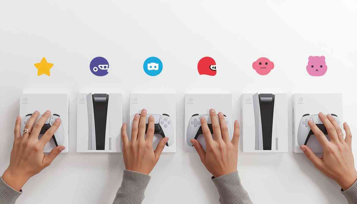 Hands comparing clean-lined console bundles on a white table, playful emoji reactions above each—joy, curiosity, frustration—symbolizing gamer emotions in a purchase showdown.