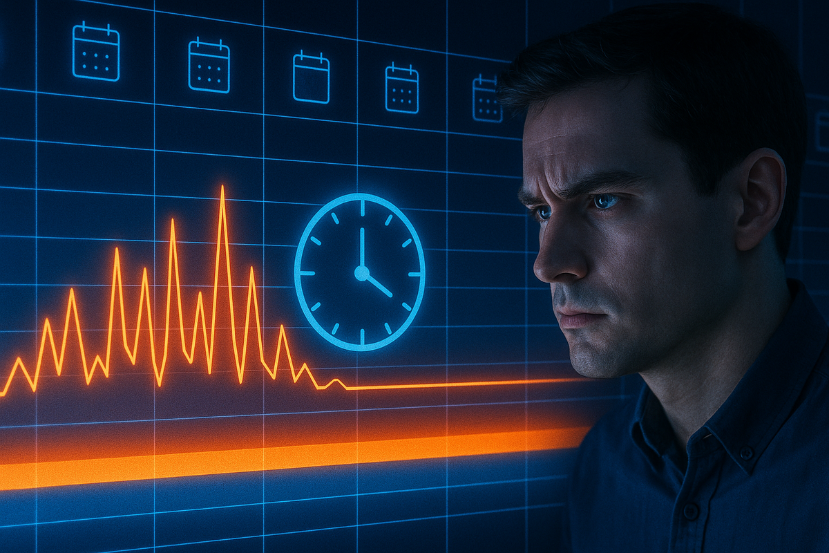 Focused analyst beside neon data graphs—spiking orange lines and blue calendar icons reflect heartbeat tension and precision timing in a high-stakes restock prediction scene.