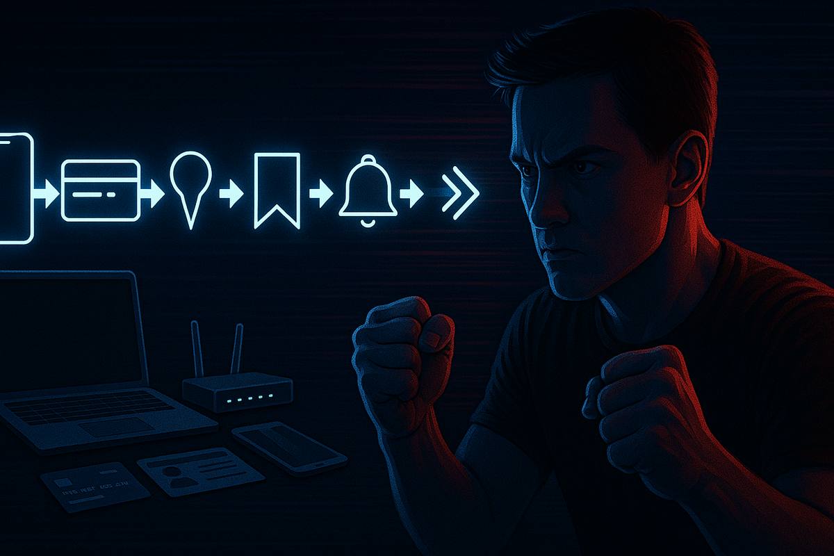 Determined gamer in red-blue glow clenching fists before digital icons of setup steps—credit card, map pin, bookmark, bell, arrow—pure readiness energy before the buying battle.