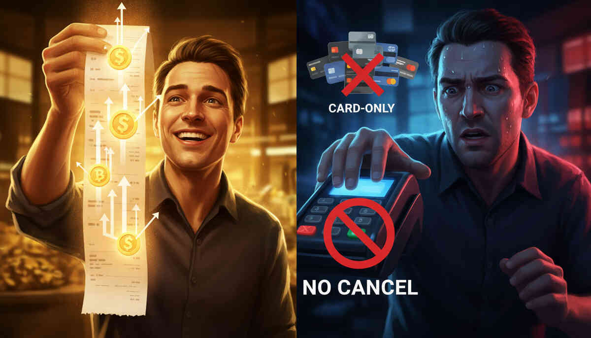 Split-scene emotion storm—on the left, glowing receipt and golden coins of cashback joy; on the right, panic under “CARD-ONLY / NO CANCEL” pressure—triumph and terror of modern checkout life.