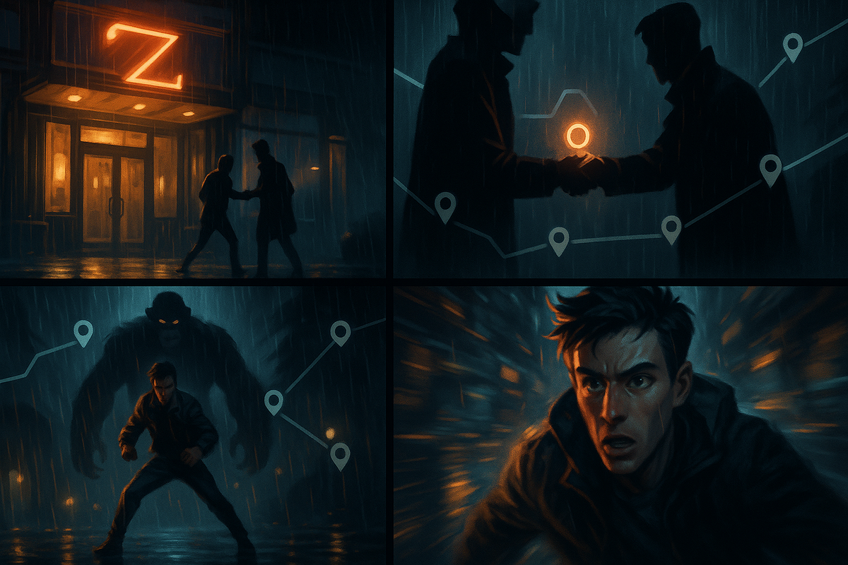 Rain-soaked night outside a mysterious hotel entrance—two shadowed figures meeting under neon light, secrecy, urgency, and the first step into a hidden progression route