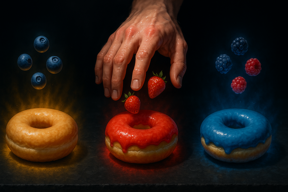 Hand hovering over three vividly colored donuts with floating berries—tense choice, temptation and strategy, beginner anxiety before committing precious resources