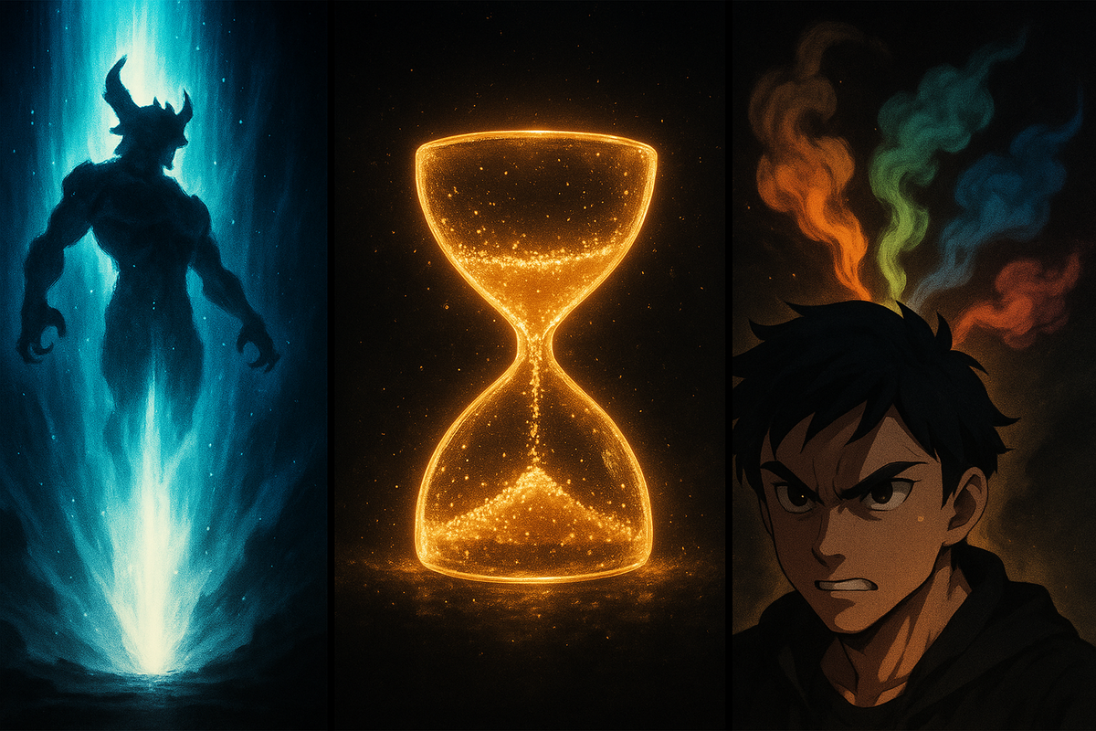 Epic split scene of power, time, and emotion—a towering shadow, a glowing hourglass, and a determined face, realization hitting hard in a high-stakes moment