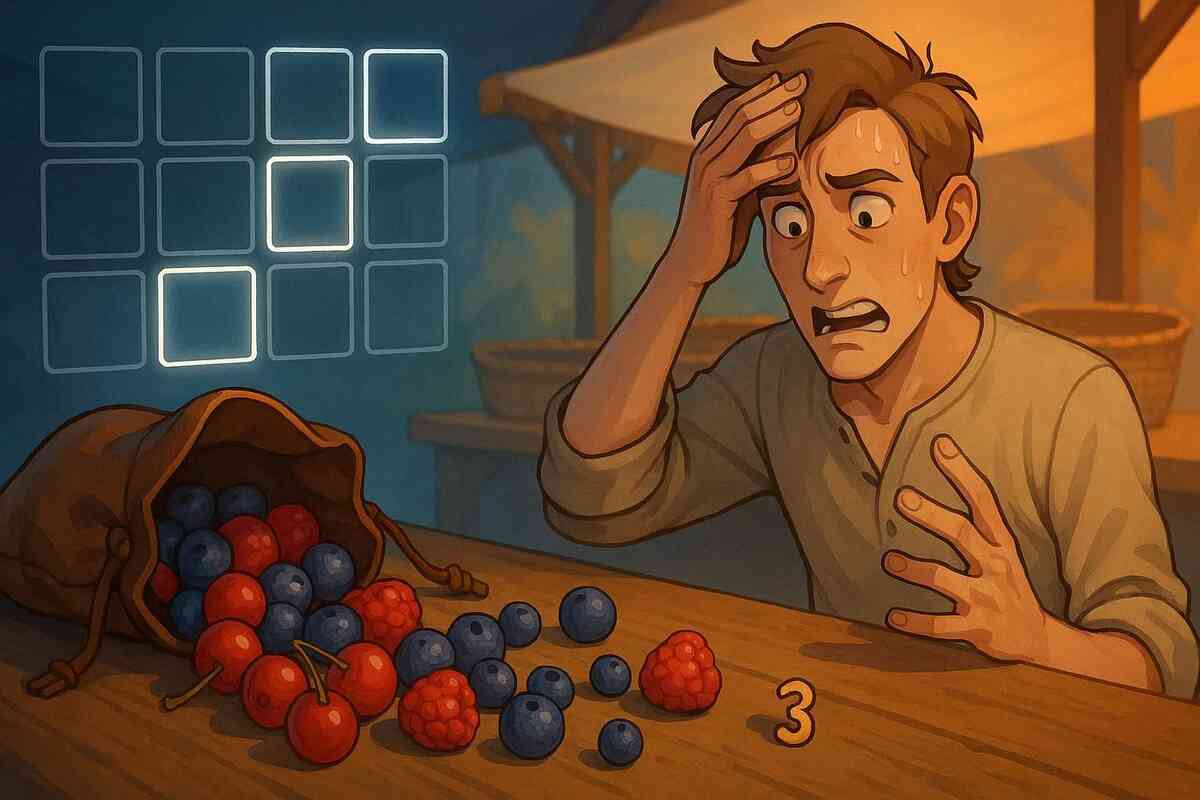 Panicked beginner clutching his head as berries spill across a table—resource mismanagement, scarcity fear, and the painful lesson of early-game mistakes