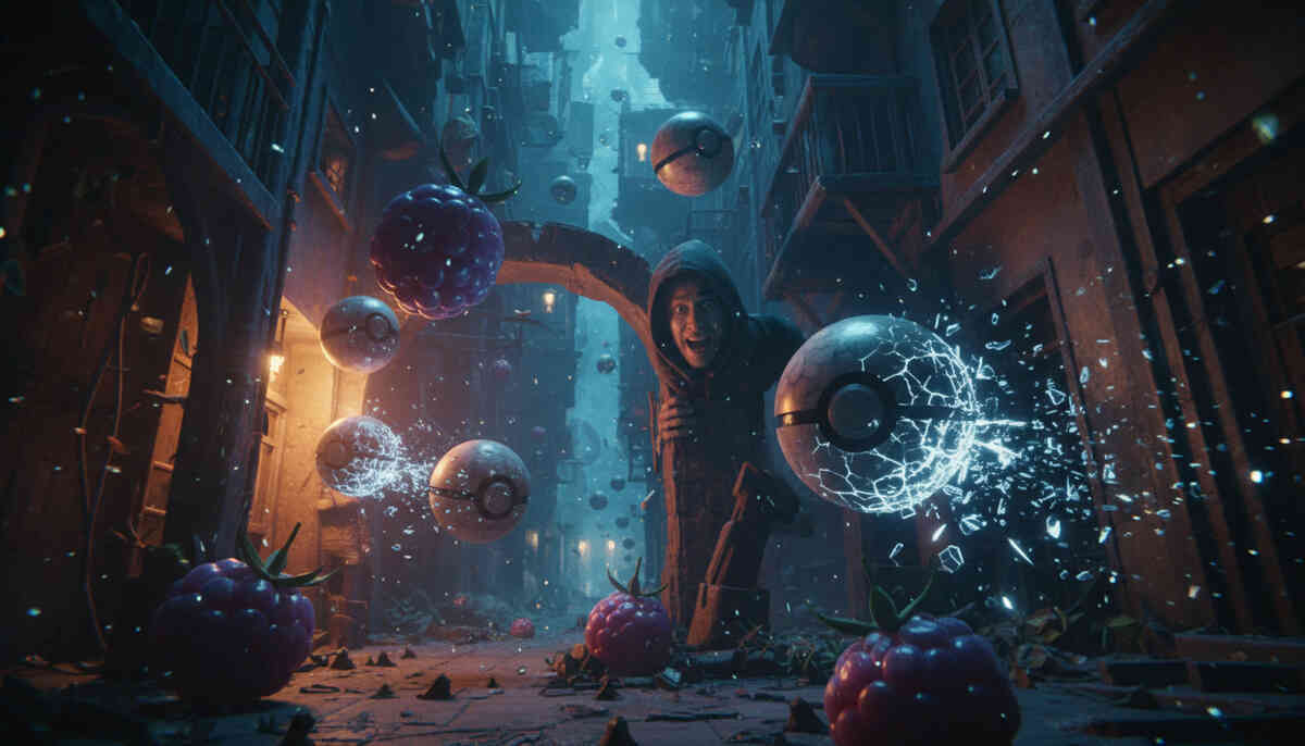 Surreal alley filled with floating orbs and glowing berries—danger, curiosity, and adrenaline as a player steps into an unstable alternate dimension