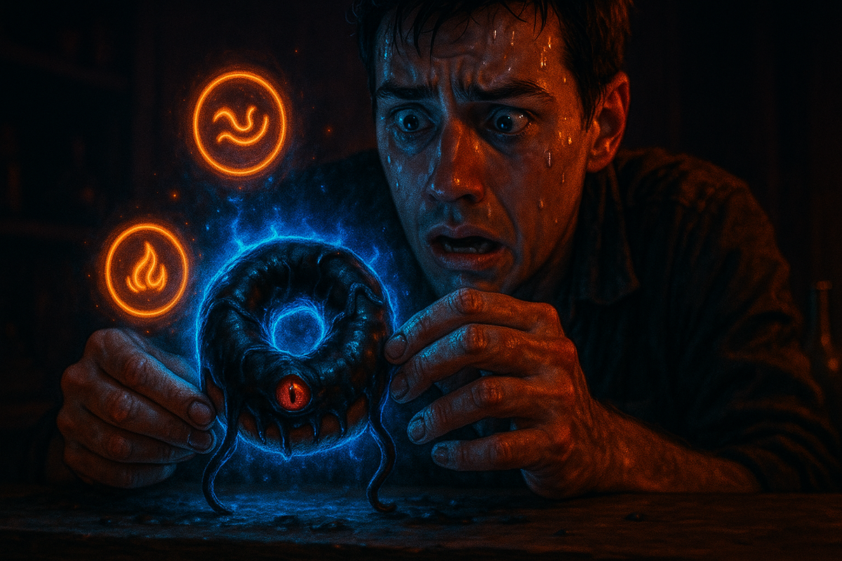 Sweat-soaked face frozen in panic as a cursed crawler donut pulses with blue energy—fear, urgency, and the pressure of a one-time decision
