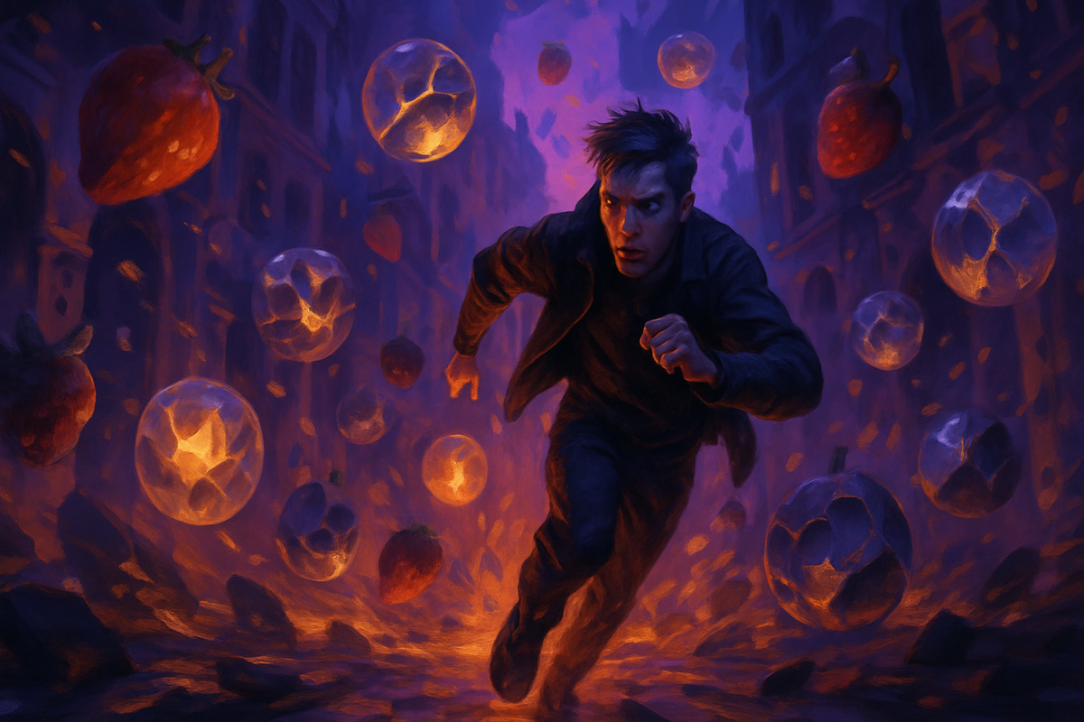 Desperate sprint through a warped dimension filled with floating berries and cracking orbs—adrenaline, danger, and survival instinct at full throttle