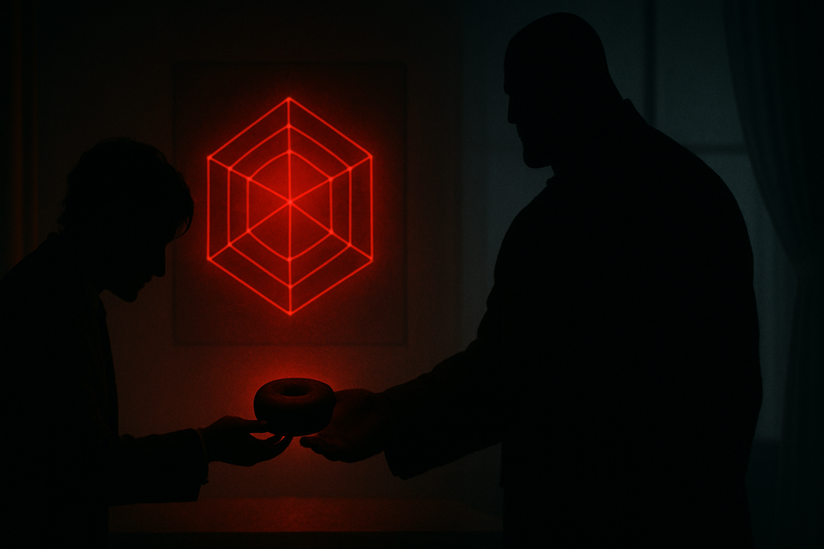 Silent handoff of a dark donut between shadowed figures beneath a glowing red radar chart—irreversible choice, tension, and the point of no return