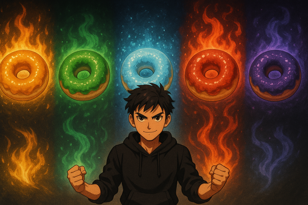Determined player standing before five elemental donuts ablaze with colored flames—confidence, mastery, and controlled power after hard-earned knowledge