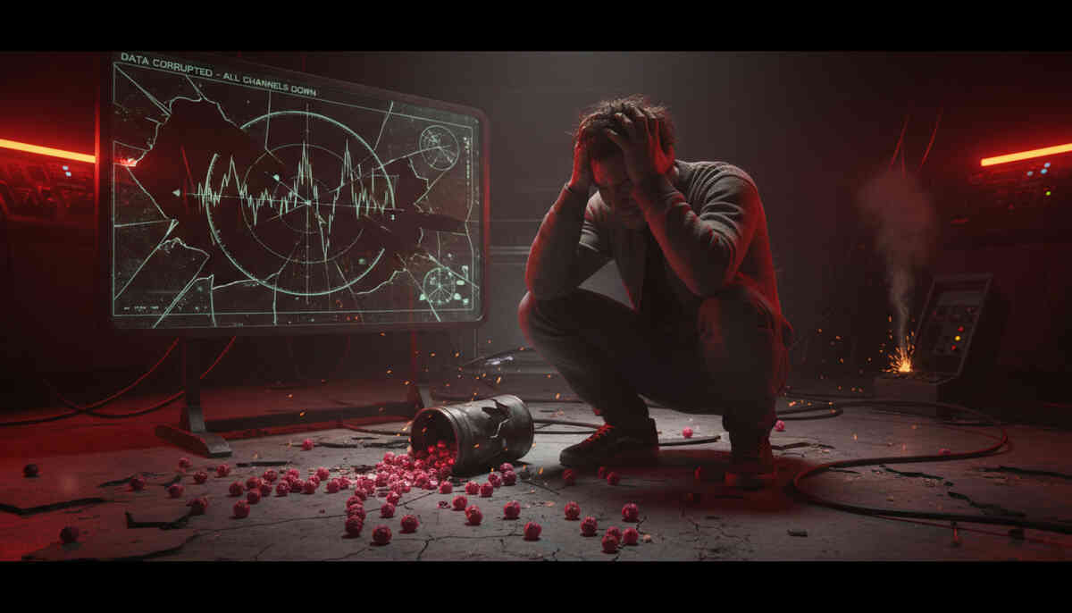 Player collapsing in despair beside spilled berries and a shattered data screen—failure, regret, and the brutal lesson of irreversible mistakes