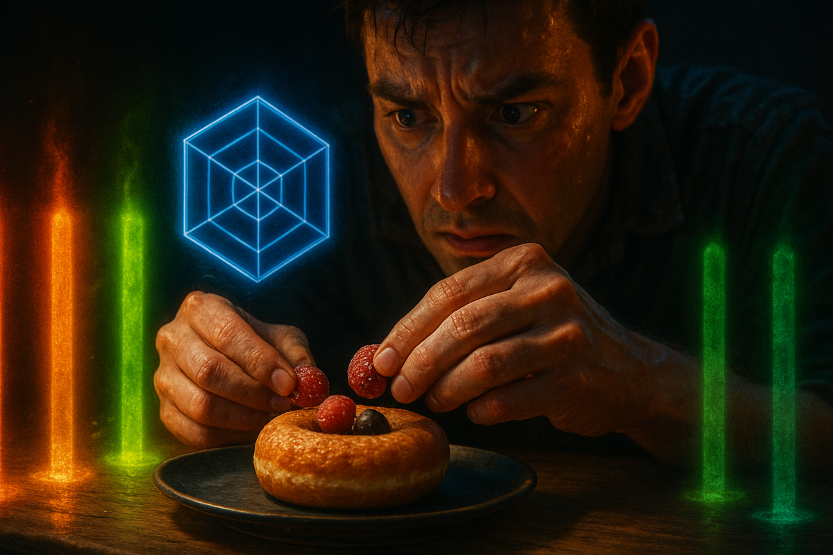 Sweaty, laser-focused hands placing berries onto a fresh donut—neon stat-cube and flavor pillars glowing beside him, intense “one mistake and it’s over” crafting tension