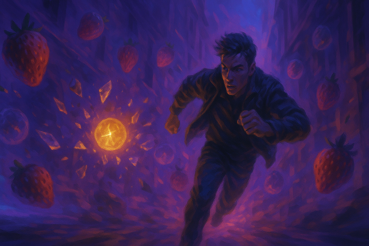 Determined runner tearing through a violet, warped alley—floating berries and cracked energy orbs swirl around, adrenaline surge and desperate escape momentum