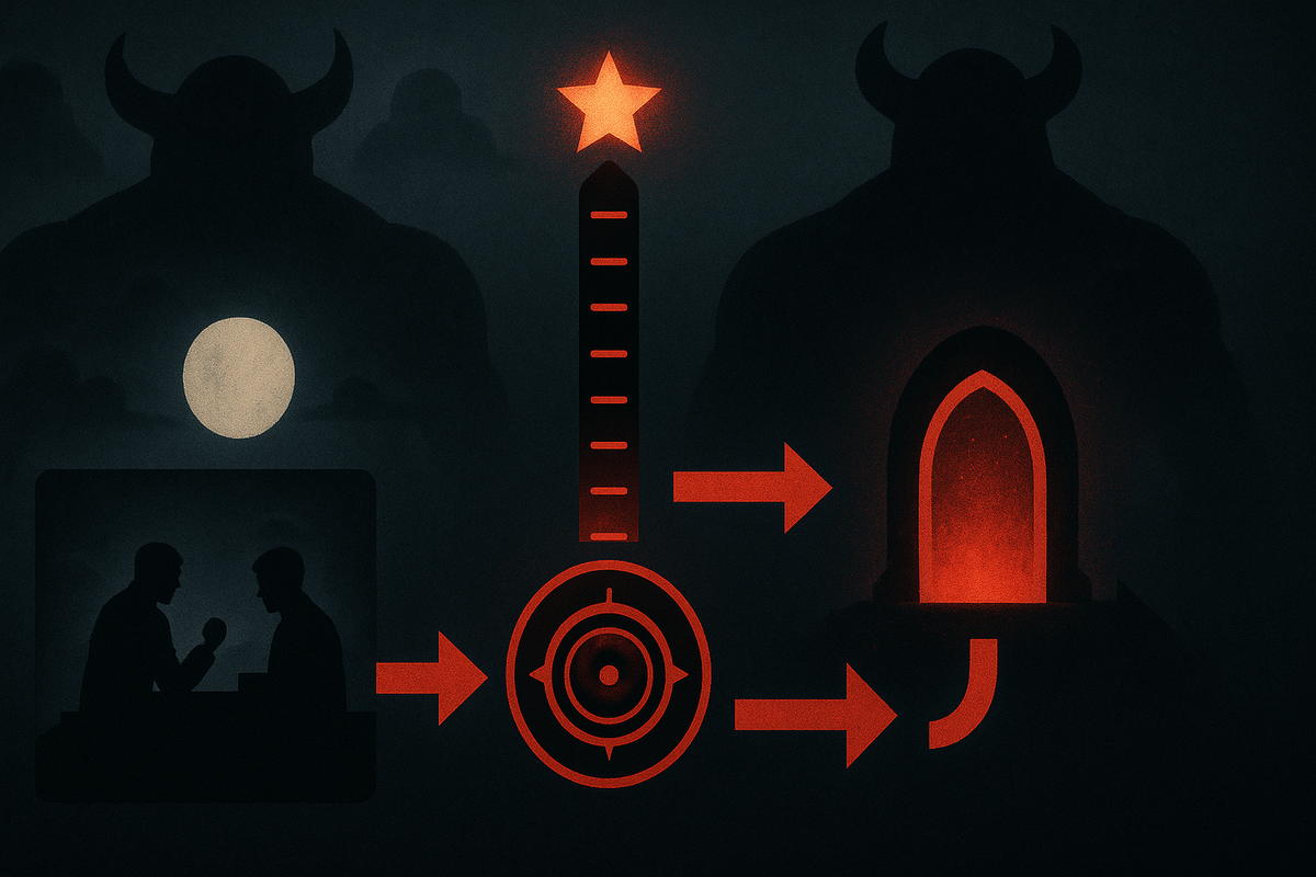 Dark, ominous strategy diagram in red glow—step arrows, target reticle, and looming horned silhouettes, cold dread mixed with must-win clarity